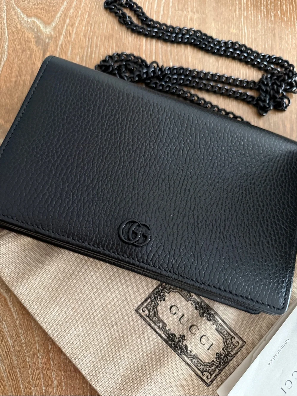 Gucci Black Pebbled Leather Chain Wallet Crossbody - Picture 1 of 7